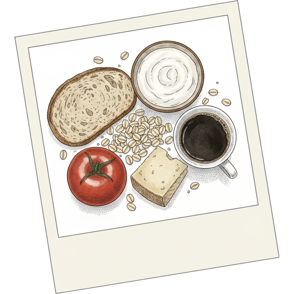 An illustrated instant camera print showing everyday meal foods: bread, yogurt, a tomato, cheese, oats and a cup of coffee