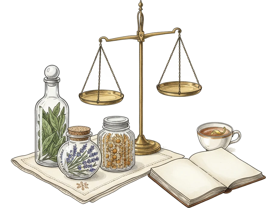 An illustrated bench scene: a balance scale beside stoppered jars, a notebook and a cup of tea