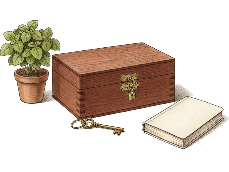 An illustrated desk scene: a closed keepsake box with a small brass lock, a key on a ring, and a potted herb